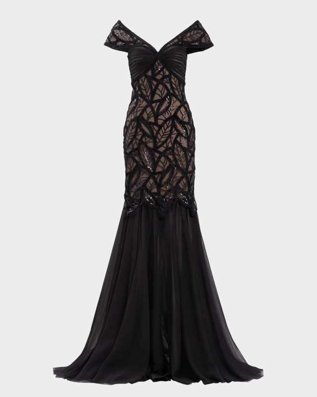 Cap-Sleeve Sequin Velvet Lace Gown